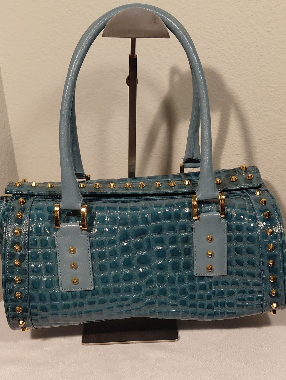 Charlie Lapson Blue Croc-Embossed Studded Bag